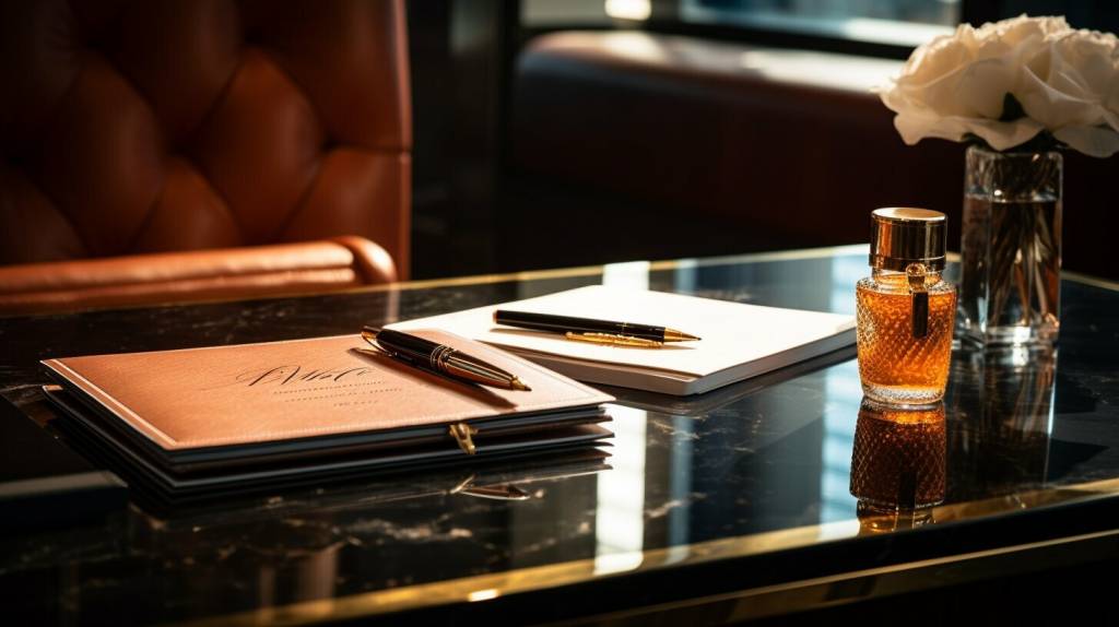 Branded pen and notebook on a desk Branded pen and notebook on a desk